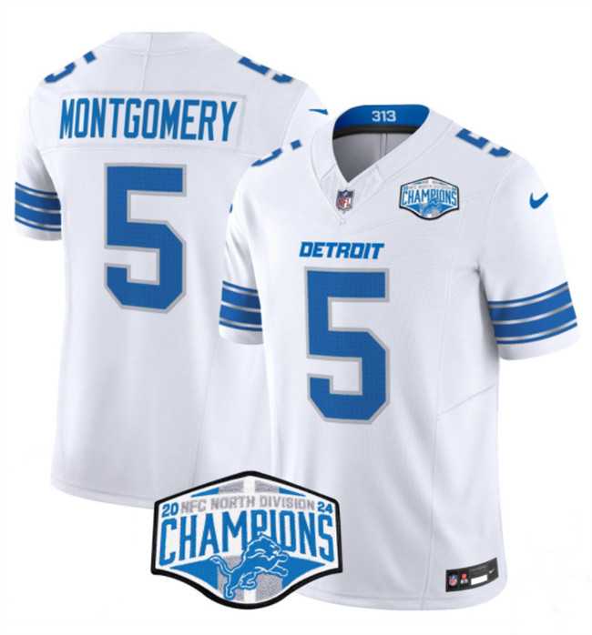 Mens Detroit Lions #5 David Montgomery White 2024 NFC North Champions F.U.S.E. Vapor Limited Stitched Jersey
